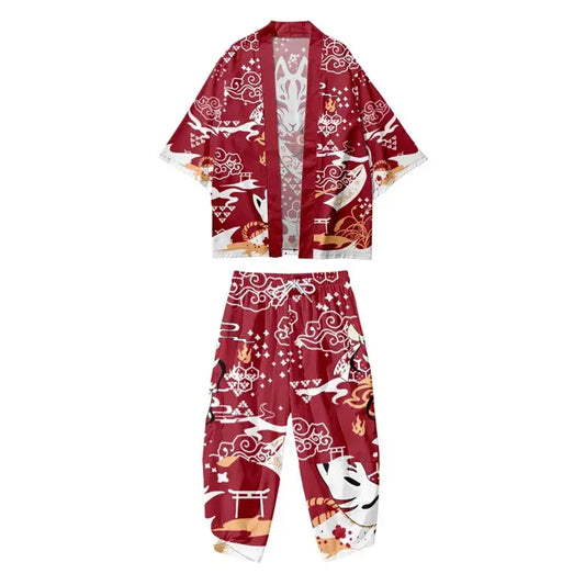 Conjunto de pantalones Haori de nubes rojas Kitsune