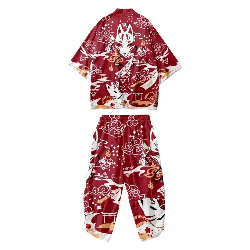 Set di pantaloni Haori con nuvole rosse Kitsune