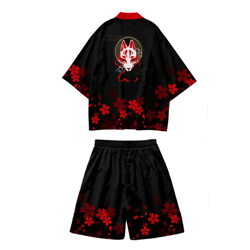 Red Sakura Fox Haori Shorts Set