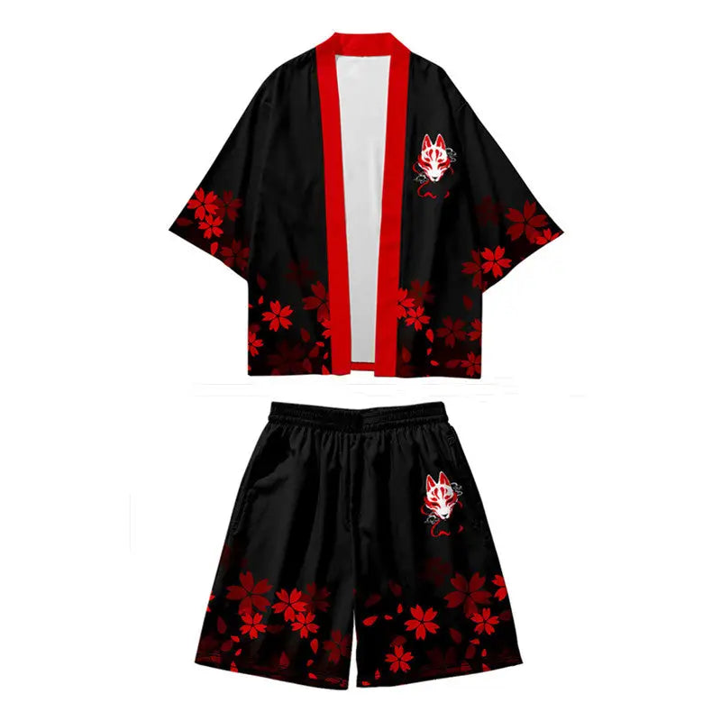 Red Sakura Fox Haori Shorts Set