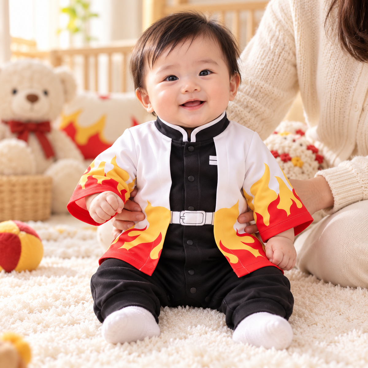 Asian baby wearing Rengoku-inspired onesie, full outfit