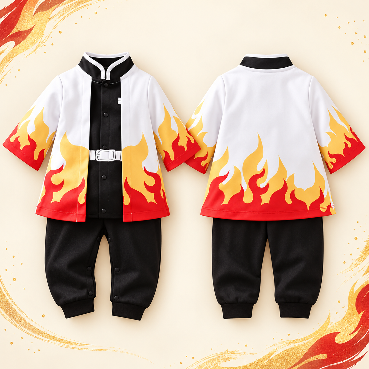 Rengoku baby onesie front and back views