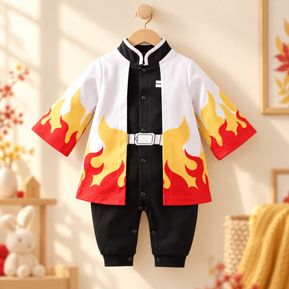 Rengoku baby onesie on hanger