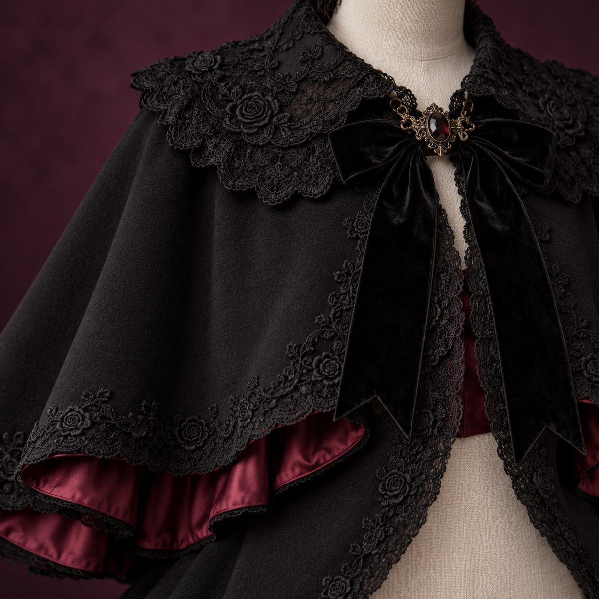 Rose Cathedral Lolita cape collar clasp and lining detail