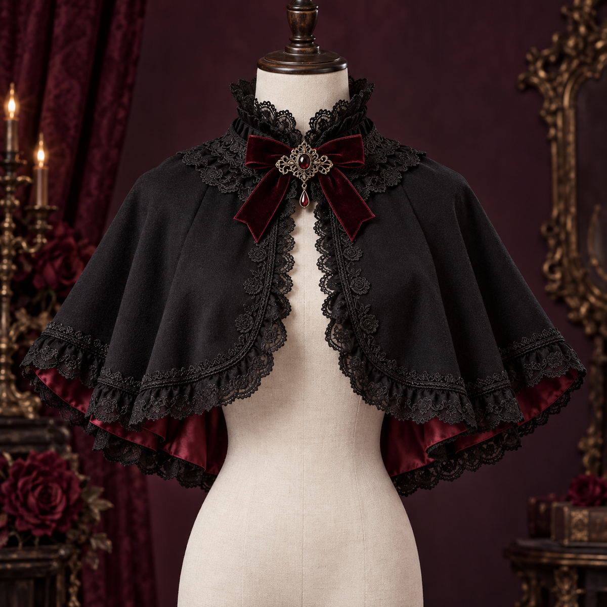 Rose Cathedral black Lolita capelet with burgundy lining