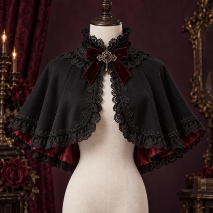 Rose Cathedral black Lolita capelet with burgundy lining