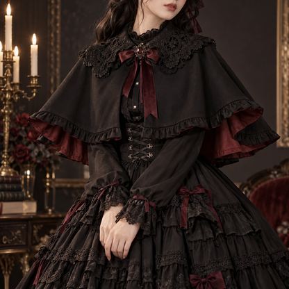 Rose Cathedral Lolita cape styled in a gothic outfit