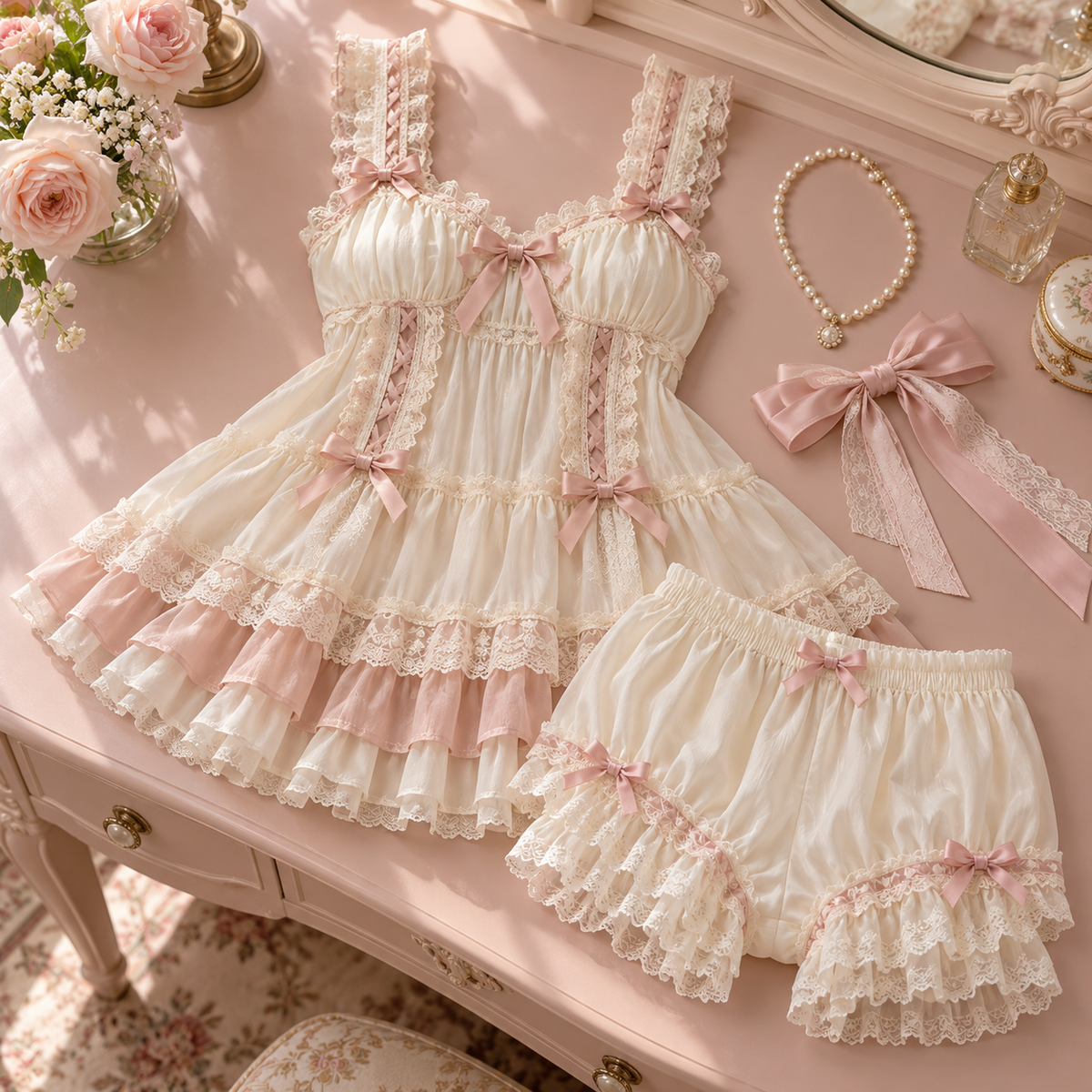Rose Petal Lolita underdress set in a soft pastel flat lay