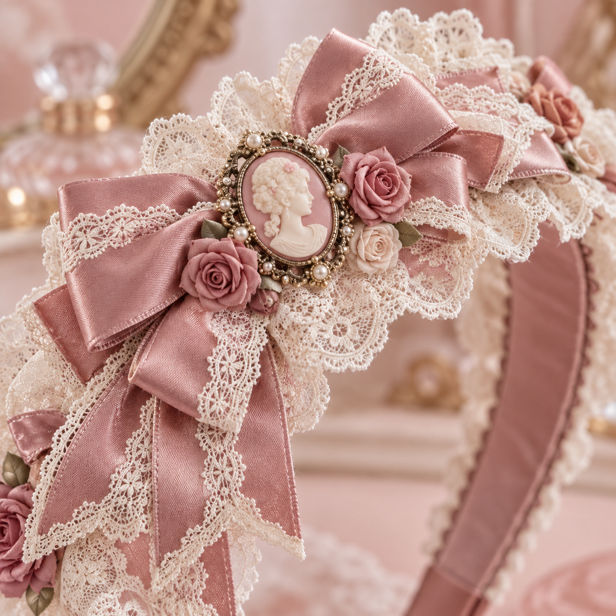 Rosewater Cameo Lolita headband cameo and lace detail