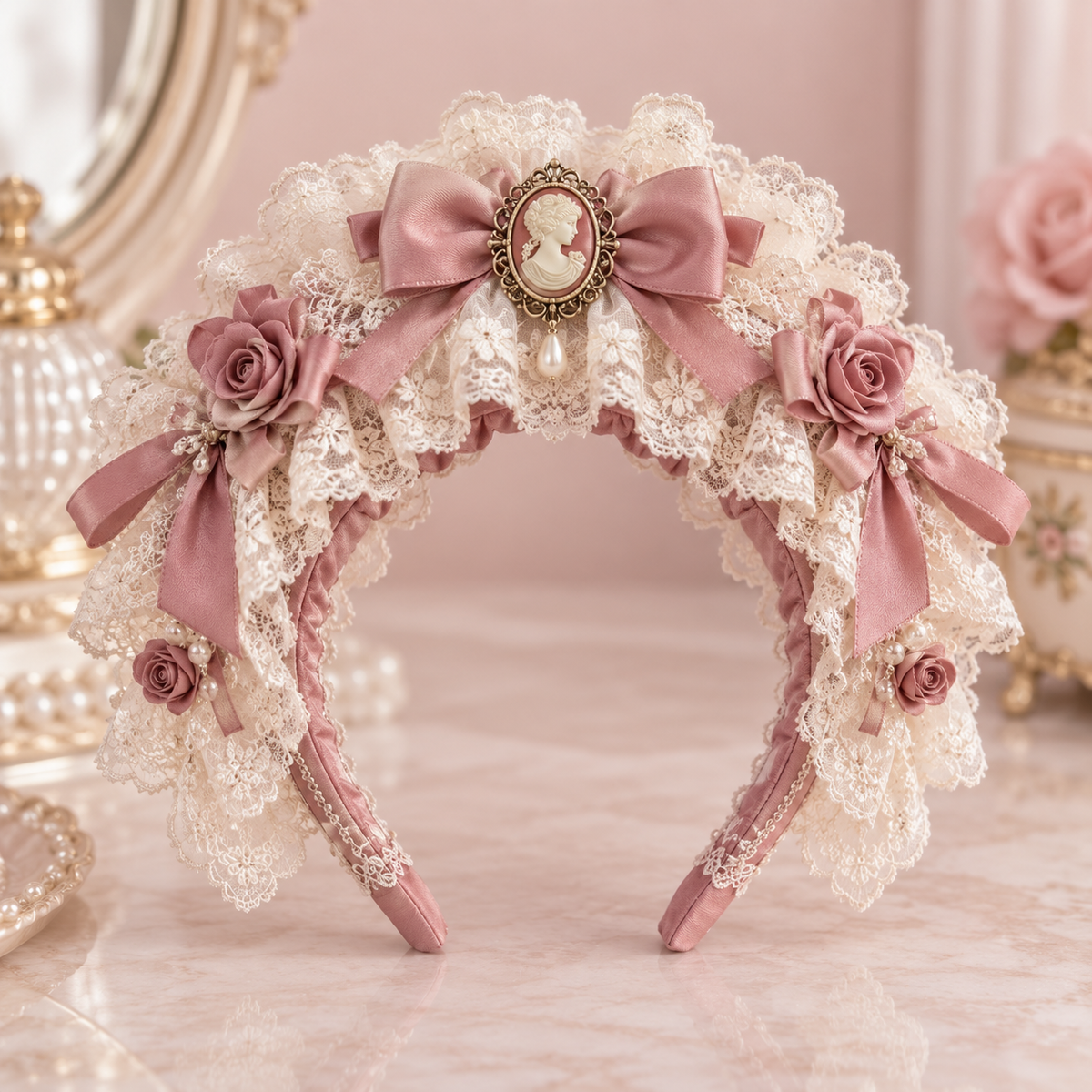 Rosewater Cameo Lolita headband, full accessory view