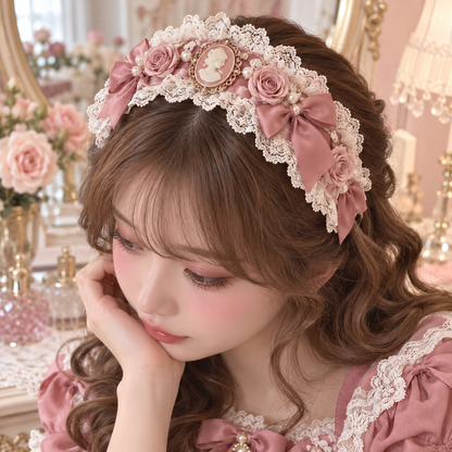 Rosewater Cameo Lolita headband styled in a romantic look