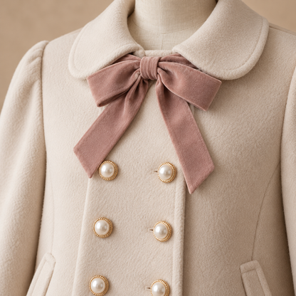 Close-up of beige coat collar, rose bow and pearl buttons
