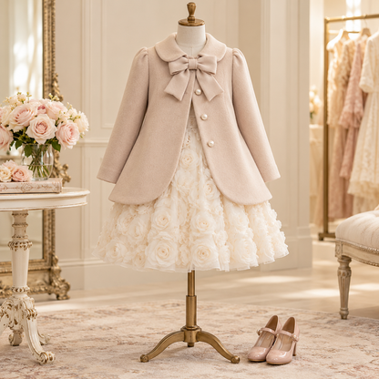 Beige bow coat styled over an ivory dress