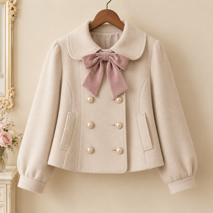Light beige cropped short coat with pearl-style buttons and dusty rose bow