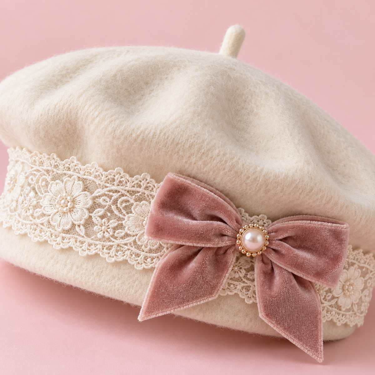 Close-up of ivory beret lace band and rose velvet bow