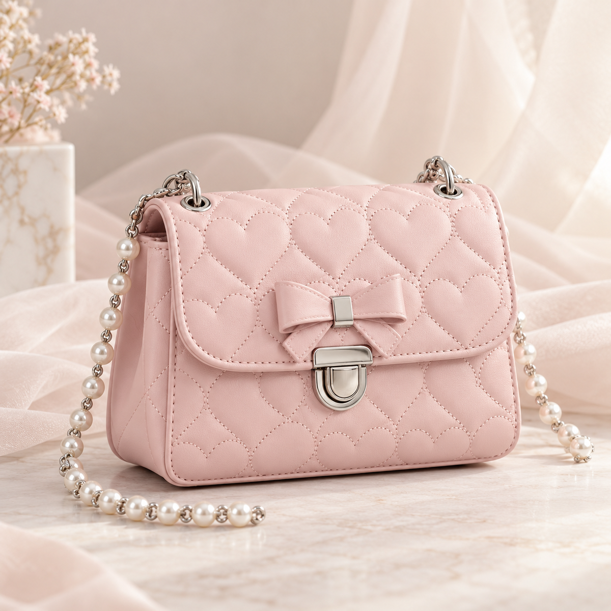Blush pink quilted mini shoulder bag with pearl chain strap