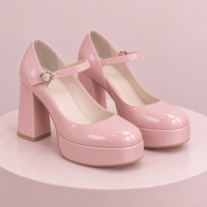 Pair of blush pink platform Mary Jane shoes with heart buckles