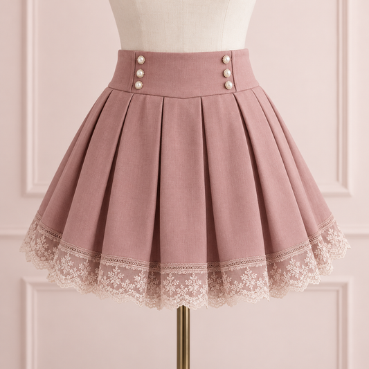 Dusty rose pleated mini skirt with lace hem