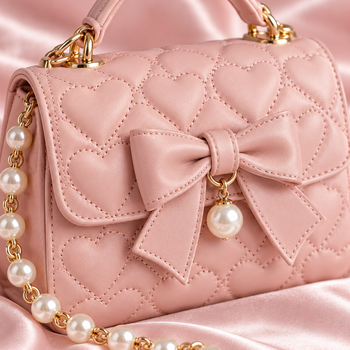 Close-up of heart quilting and pearl chain on blush mini bag
