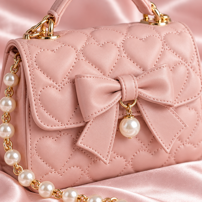 Close-up of heart quilting and pearl chain on blush mini bag