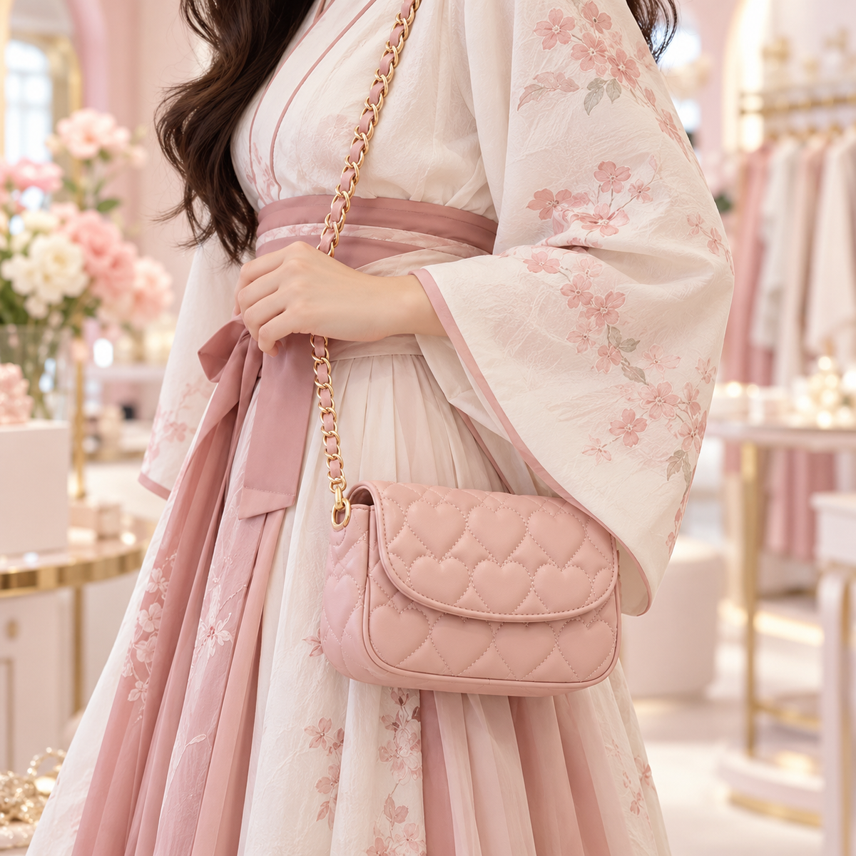 Blush quilted mini bag styled with an ivory and rose outfit