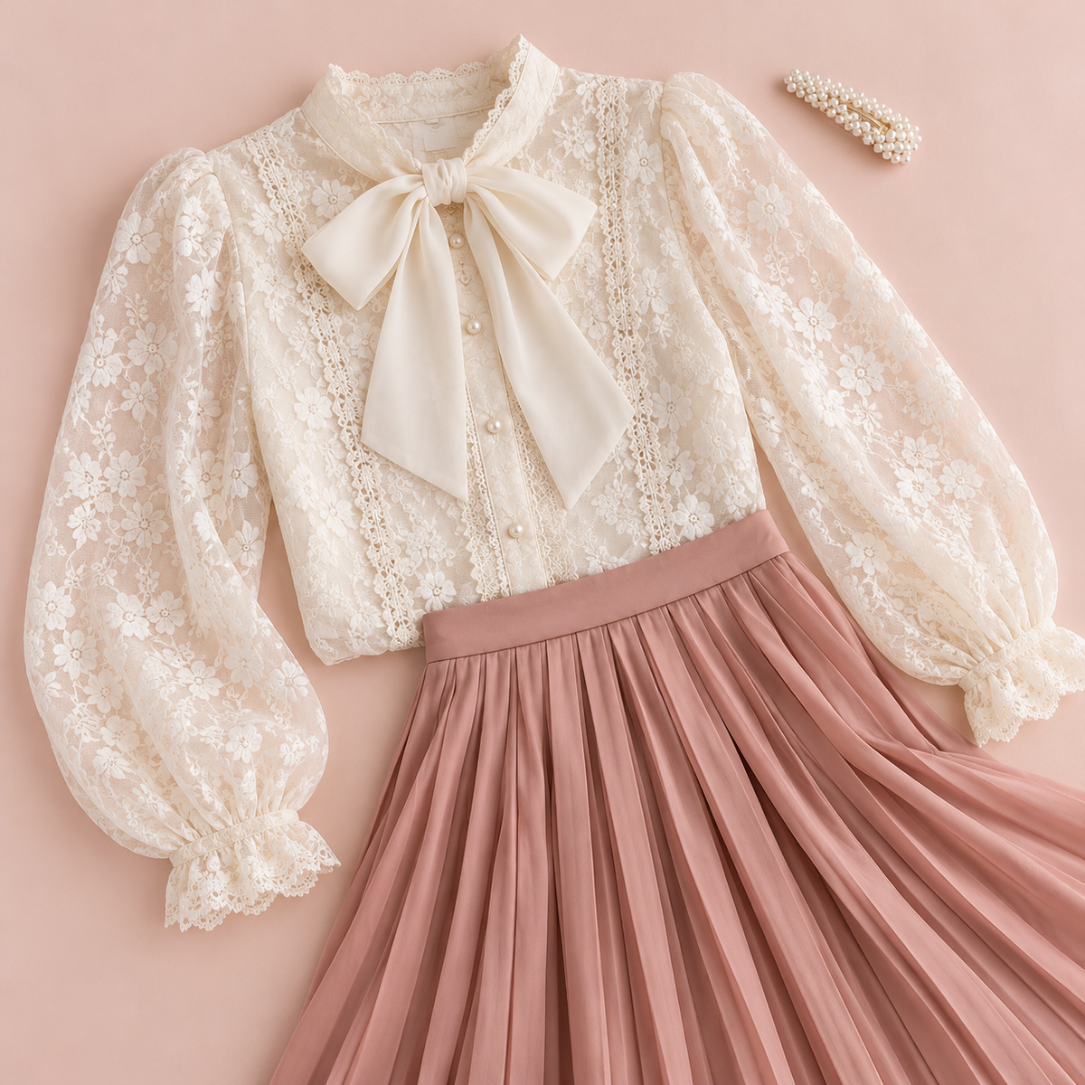 Ivory lace bow blouse styled with a dusty rose pleated skirt