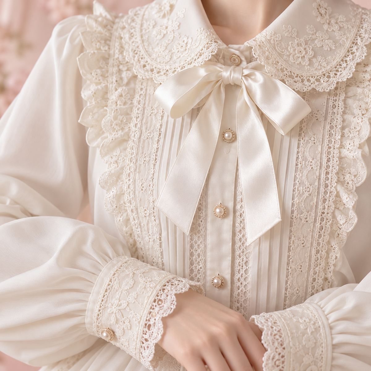 Close-up of lace collar, pintucks and satin bow on ivory blouse