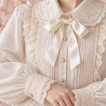 Close-up of lace collar, pintucks and satin bow on ivory blouse