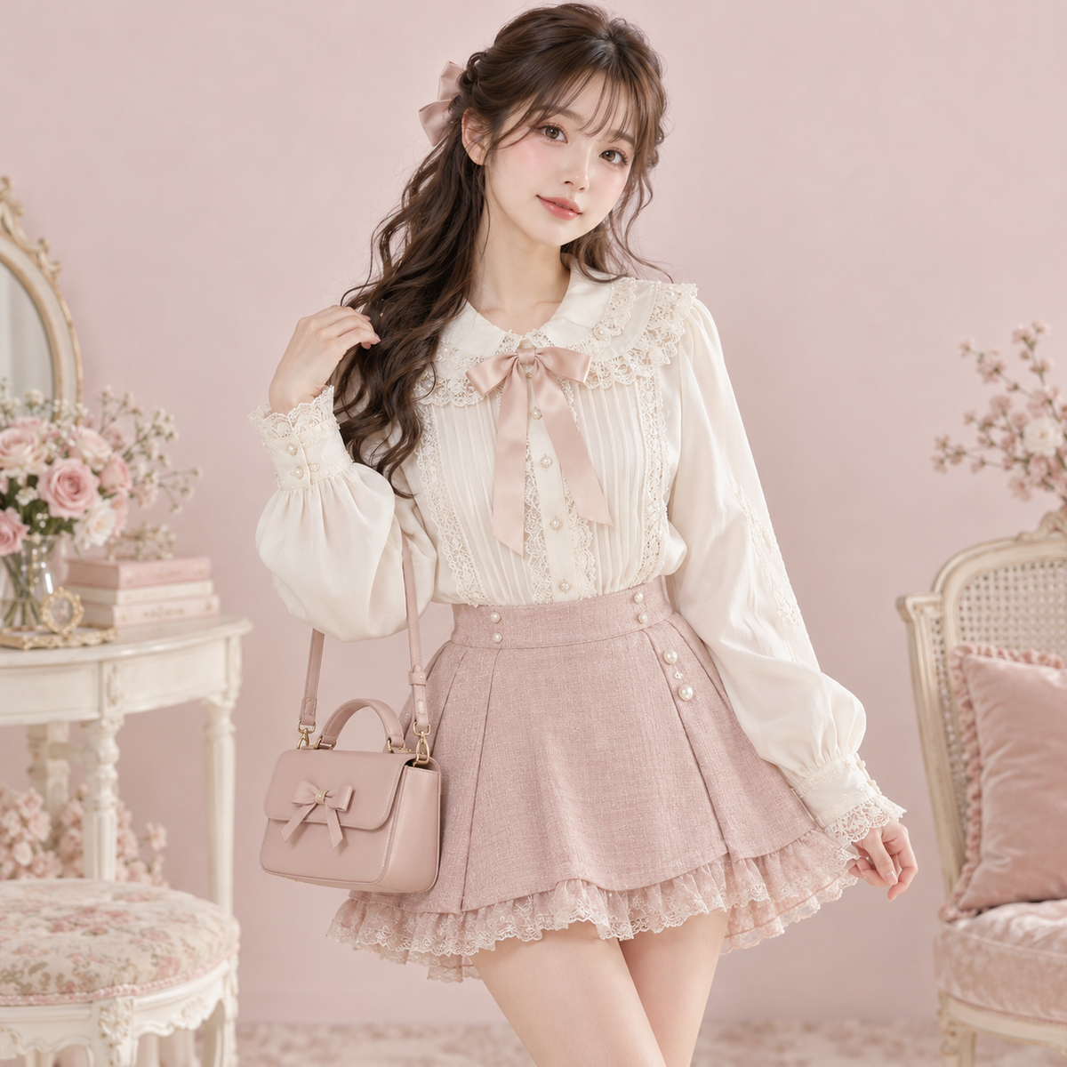 Ivory lace bow blouse styled in a Ryousangata outfit