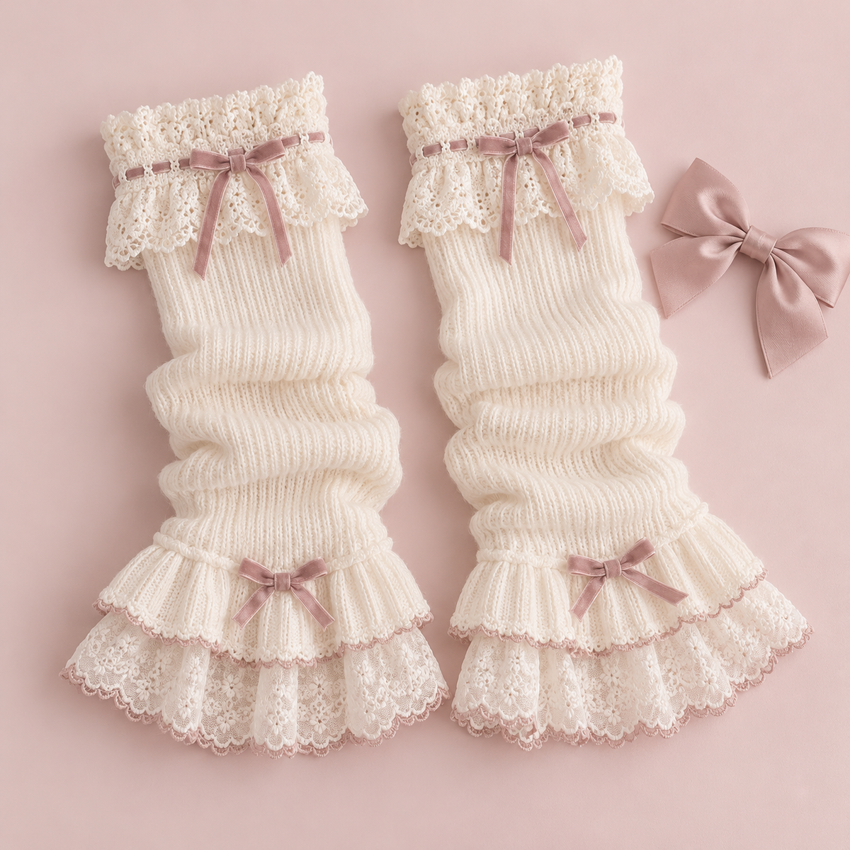 Pair of ivory lace-trim leg warmers with dusty rose bow details