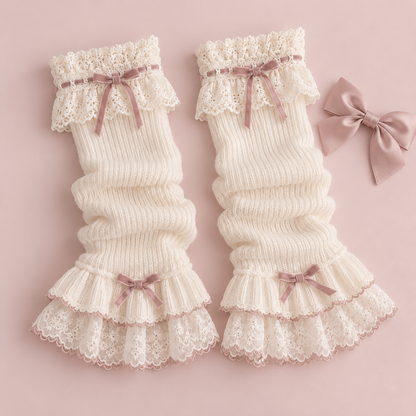 Pair of ivory lace-trim leg warmers with dusty rose bow details