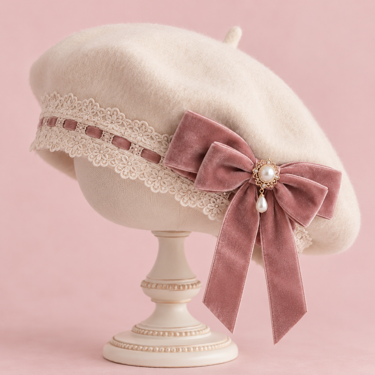 Ivory beret with dusty rose velvet bow, lace band and pearl accent