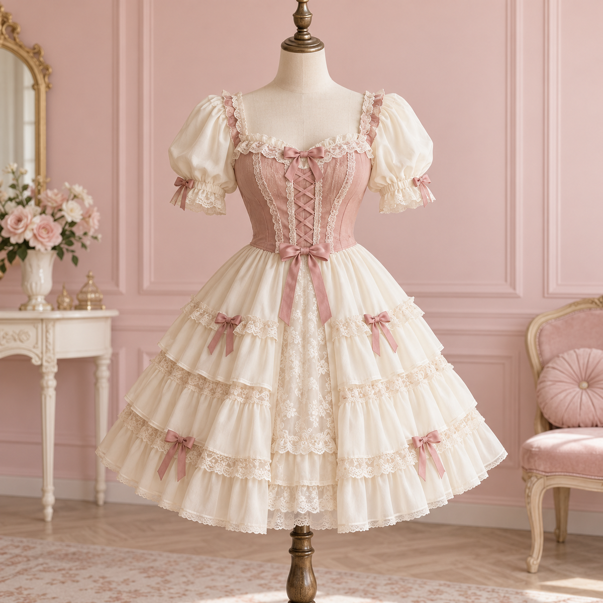 Ivory and dusty rose tiered dress with lace and bow details