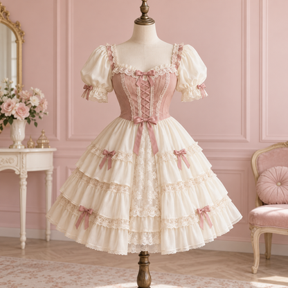 Ivory and dusty rose tiered dress with lace and bow details