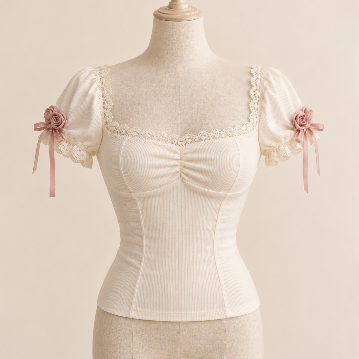 Ivory fitted top with dusty rose rosettes and lace neckline
