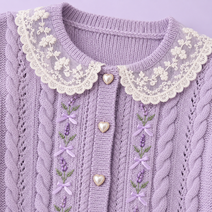 Close-up of lavender cable knit, lace collar and heart buttons