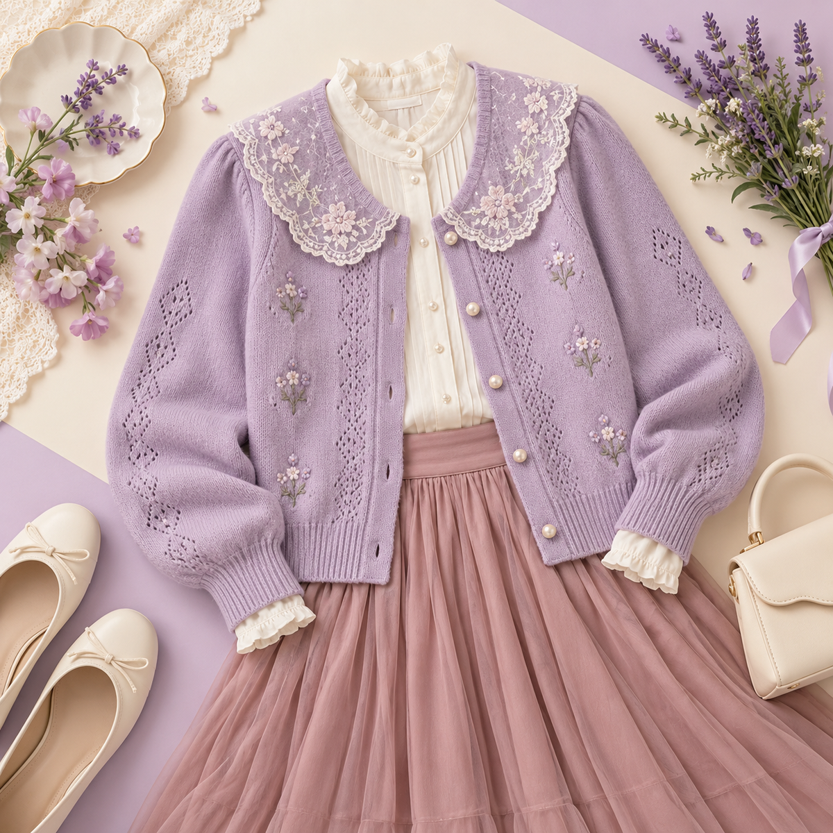 Lavender cardigan styled over an ivory blouse and rose skirt