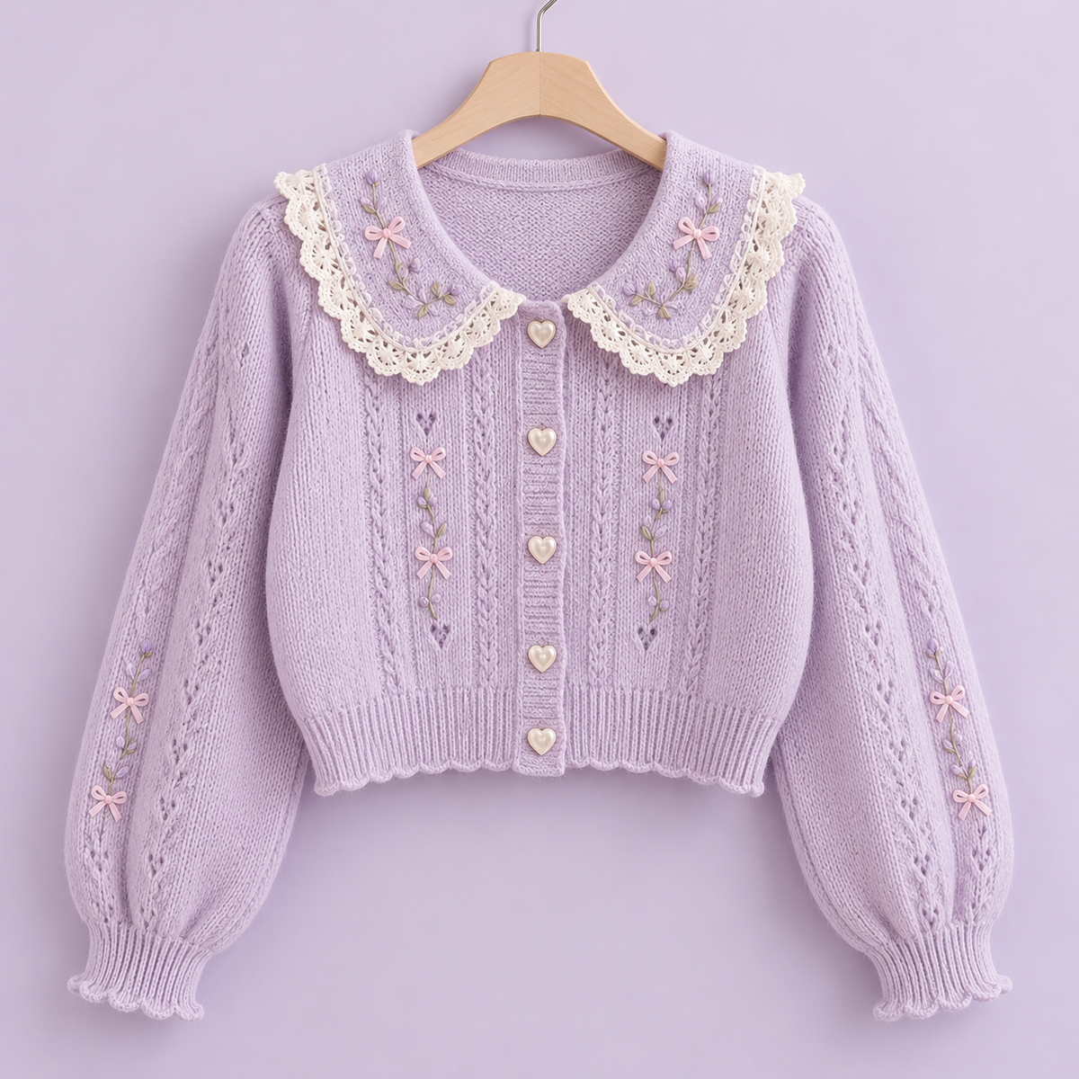 Lavender cropped knit cardigan with lace collar and heart buttons
