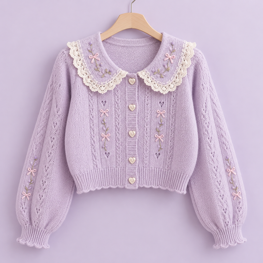 Lavender cropped knit cardigan with lace collar and heart buttons