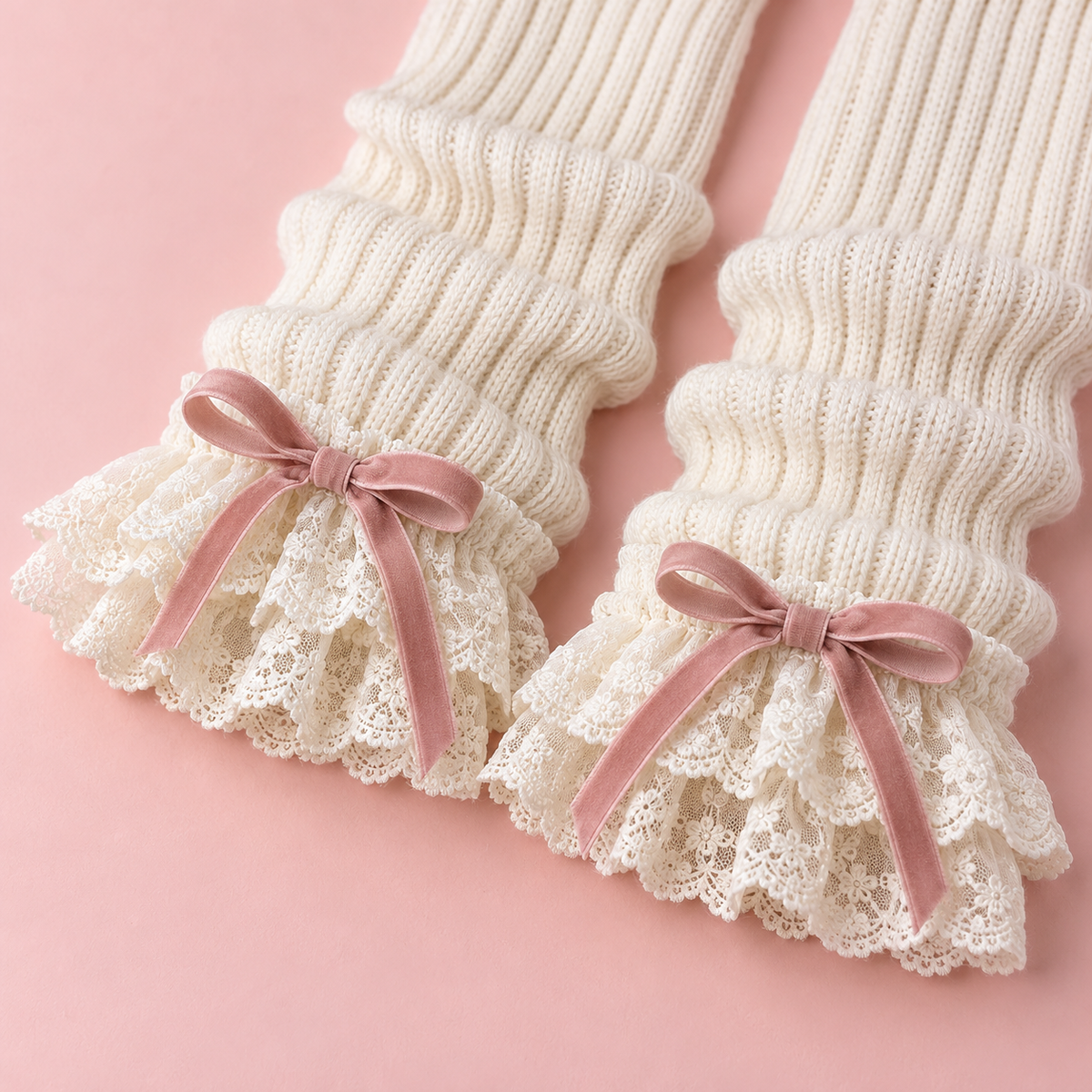 Close-up of ivory leg warmers with lace cuffs and ribbon bows