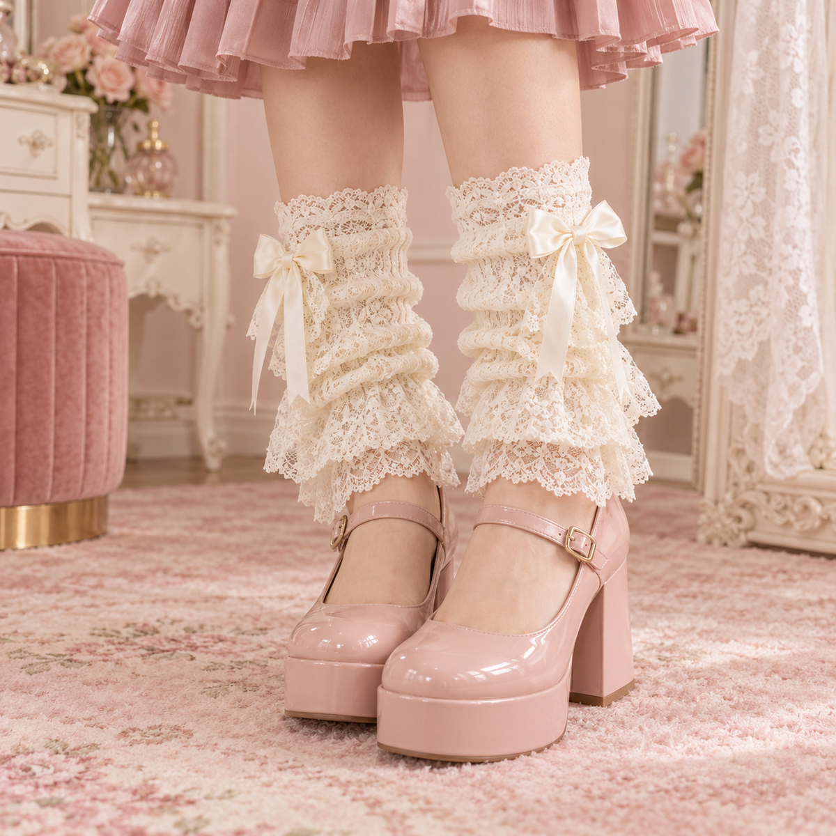 Ivory lace bow leg warmers styled with Mary Jane shoes