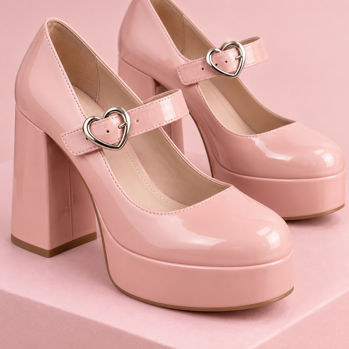 Close-up of blush Mary Jane shoe heart buckle and platform