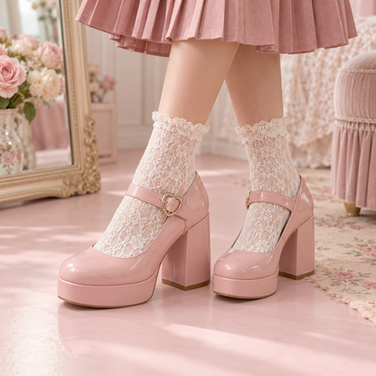 Blush Mary Jane shoes styled with ivory lace socks
