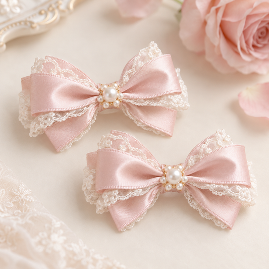 Pair of pale pink satin bow hair clips with pearl centers