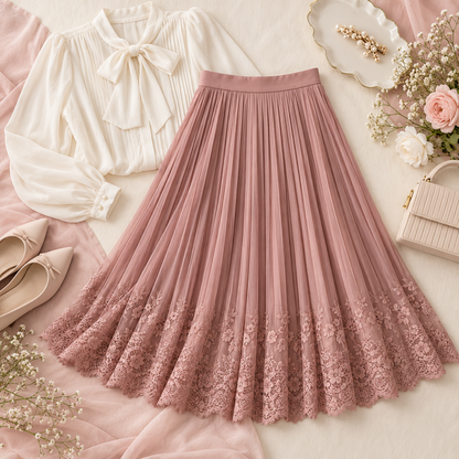 Dusty rose pleated skirt styled with an ivory blouse