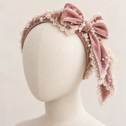 Dusty rose velvet headband with lace, pearls and statement bow
