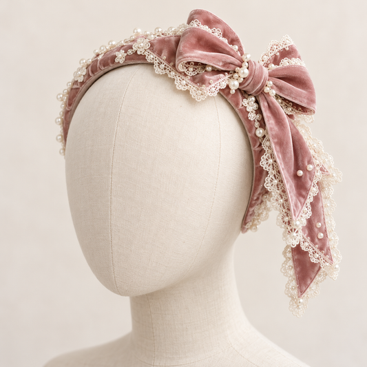 Dusty rose velvet headband with lace, pearls and statement bow