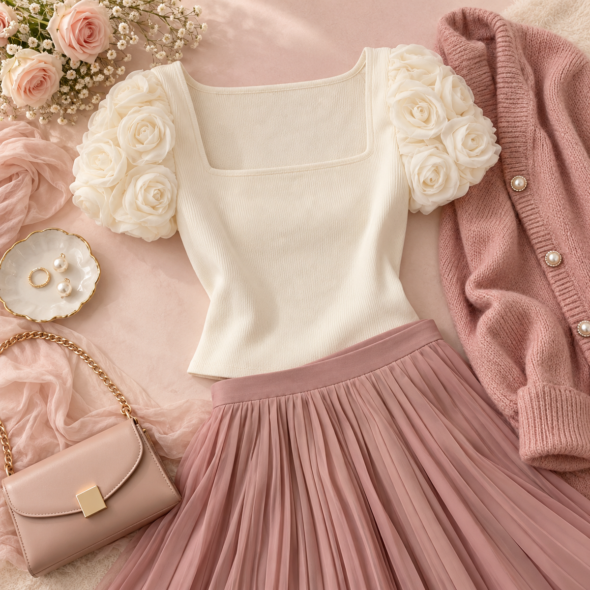 Ivory rosette sleeve top styled with dusty rose skirt
