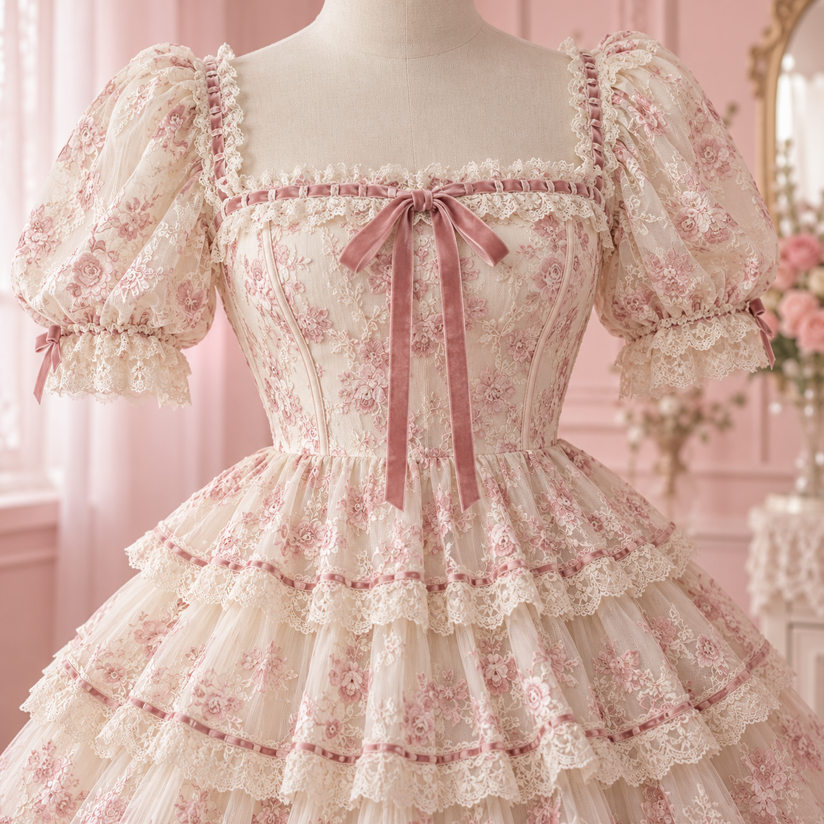 Close-up of ivory rose dress lace sleeve and tiered skirt