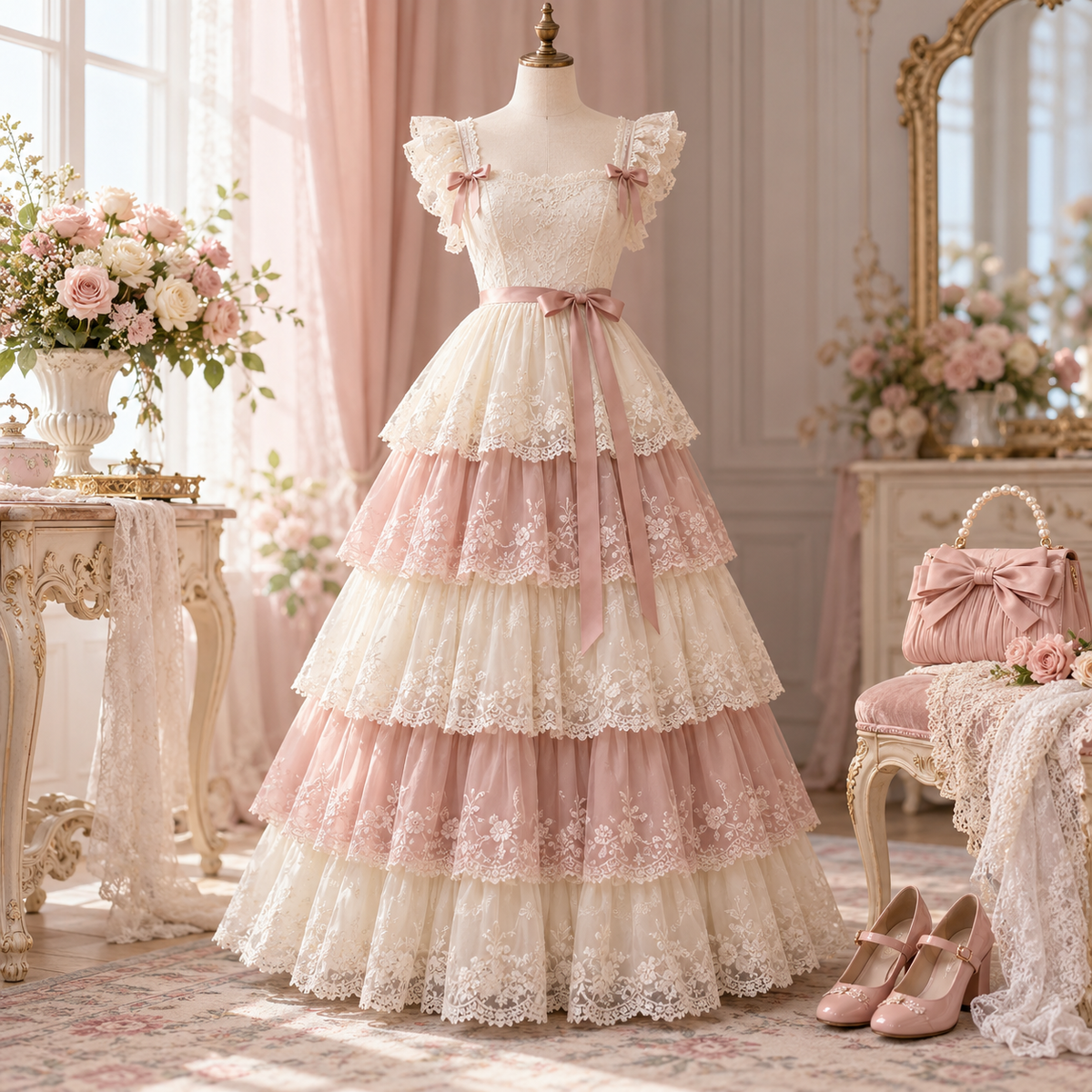 Ivory rose tiered dress styled with blush accessories